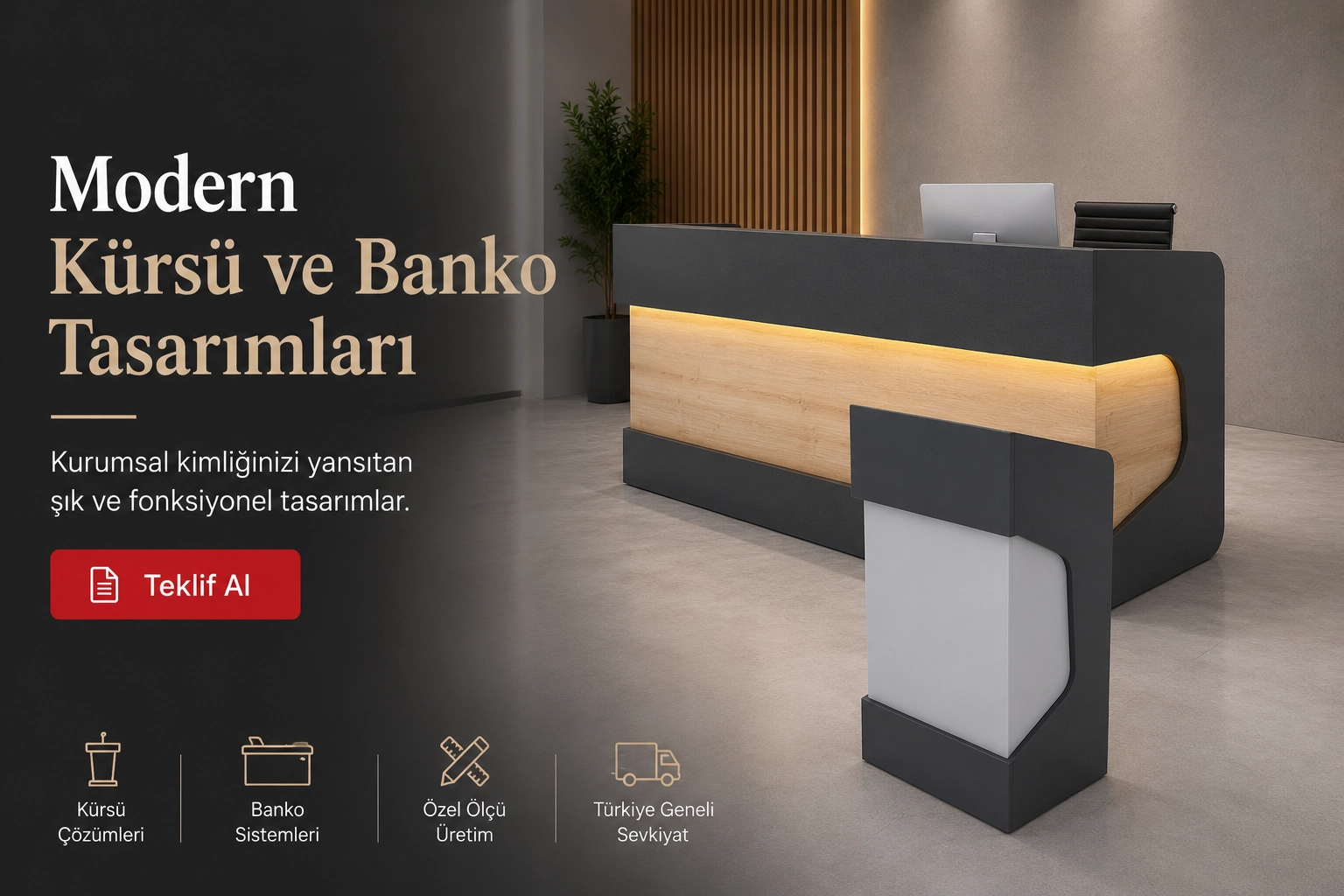 Modern kürsü ve banko tasarımları, kurumsal karşılama alanları için ahşap detaylı resepsiyon bankosu ve modern konferans kürsüsü